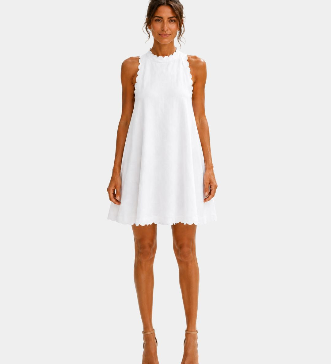 White minimalist short dress, sleeveless high neck with scalloped hem and trim