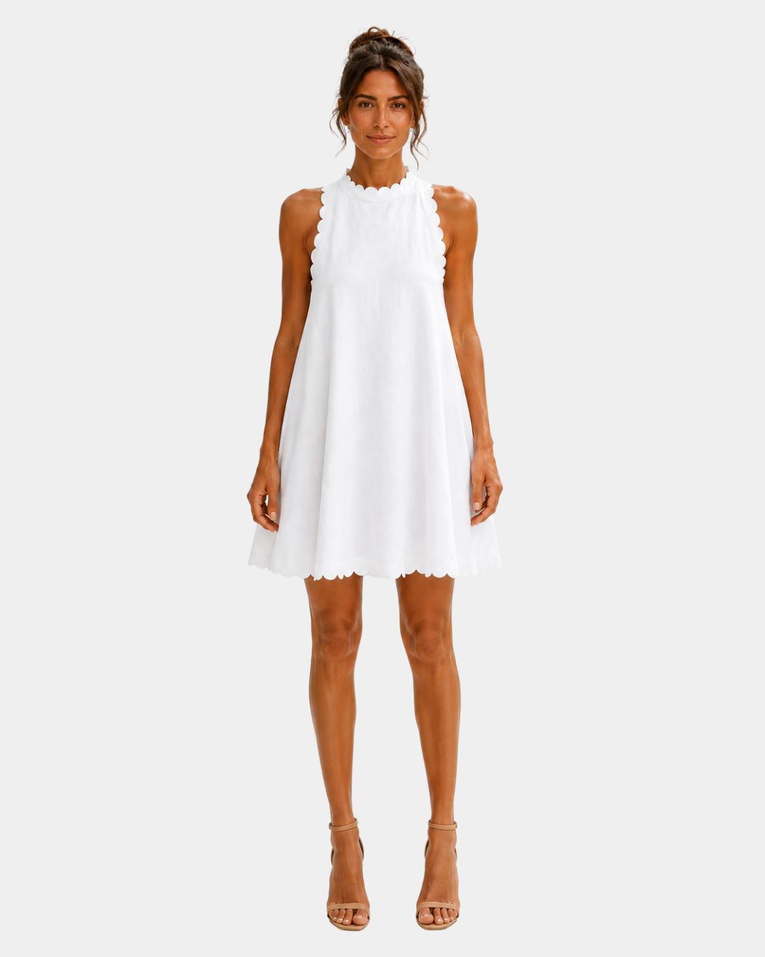 White minimalist short dress, sleeveless high neck with scalloped hem and trim