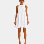 White minimalist short dress, sleeveless high neck with scalloped hem and trim