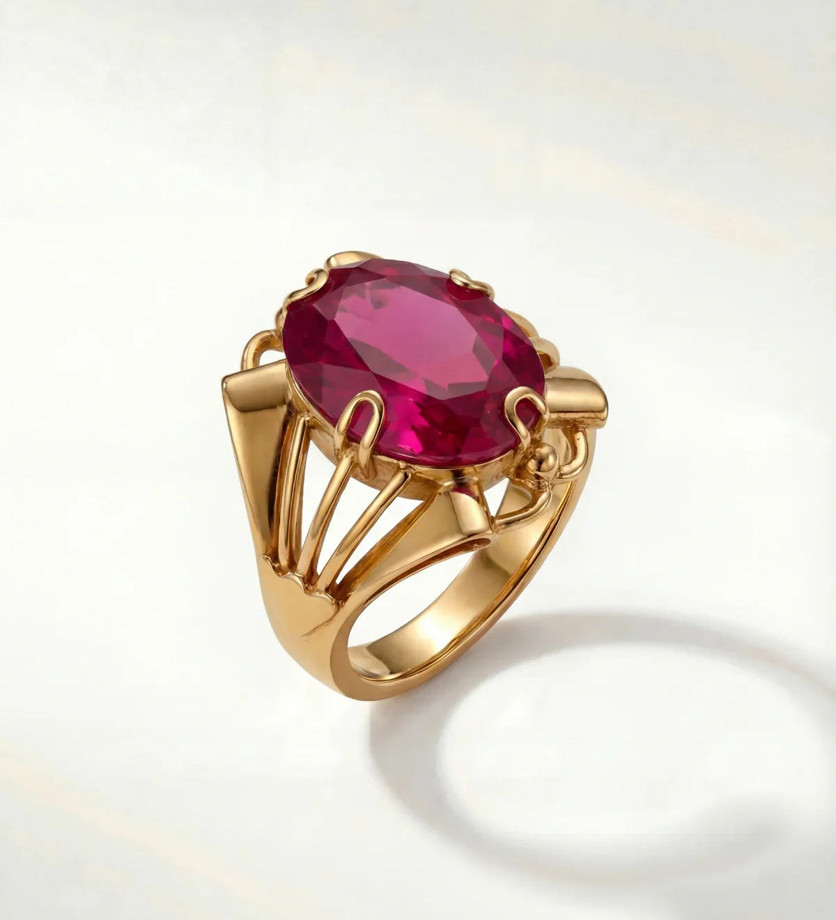 Livia sapphire ring with gold band and oval magenta gemstone in prong setting