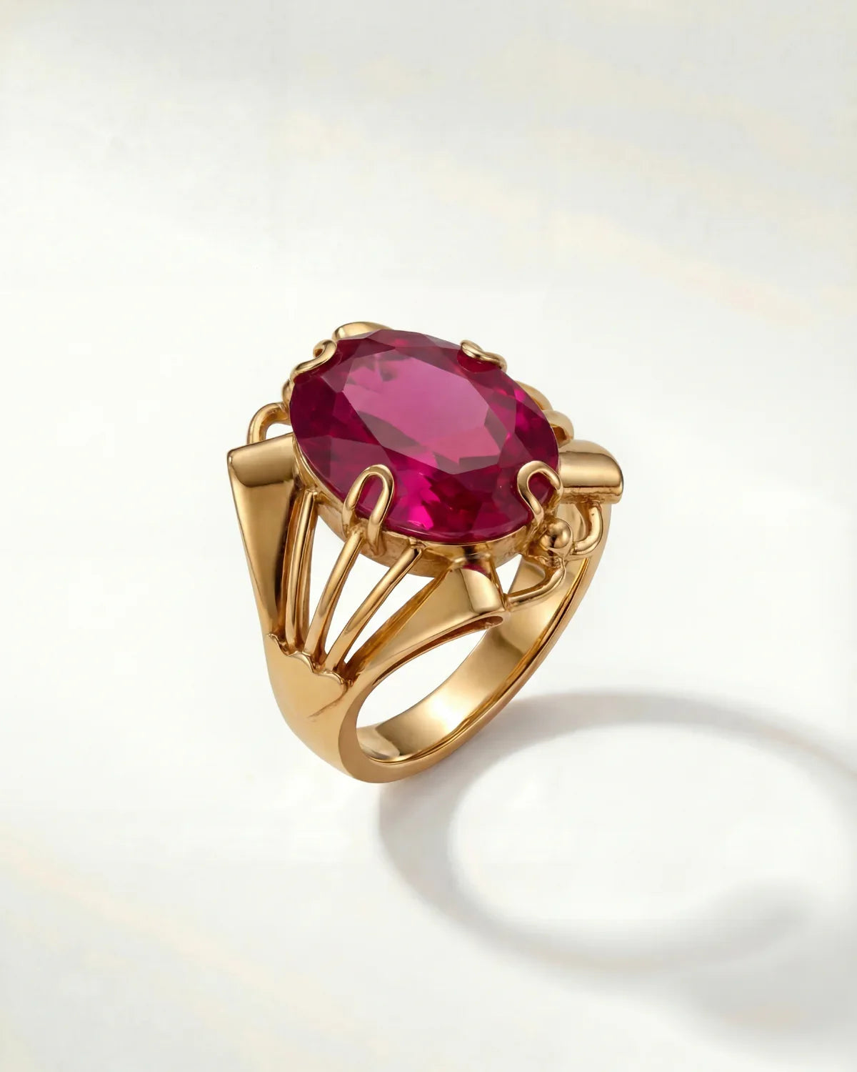 Livia sapphire ring with gold band and oval magenta gemstone in prong setting