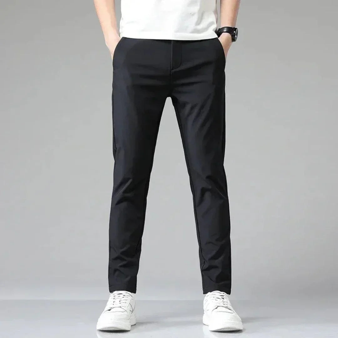 Men's black slim-fit dress pants, straight leg with zip fly and belt loops