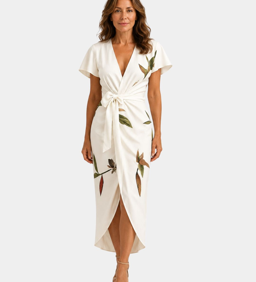 White wrap dress with short sleeves, floral print, belted waist and midi length