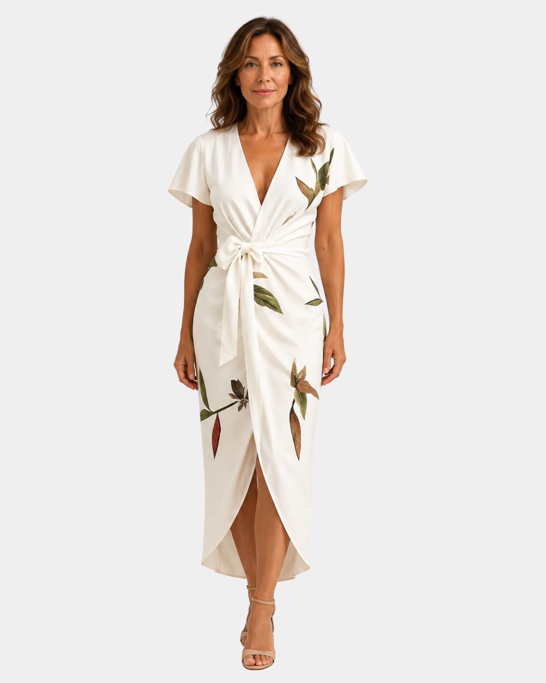 White wrap dress with short sleeves, floral print, belted waist and midi length