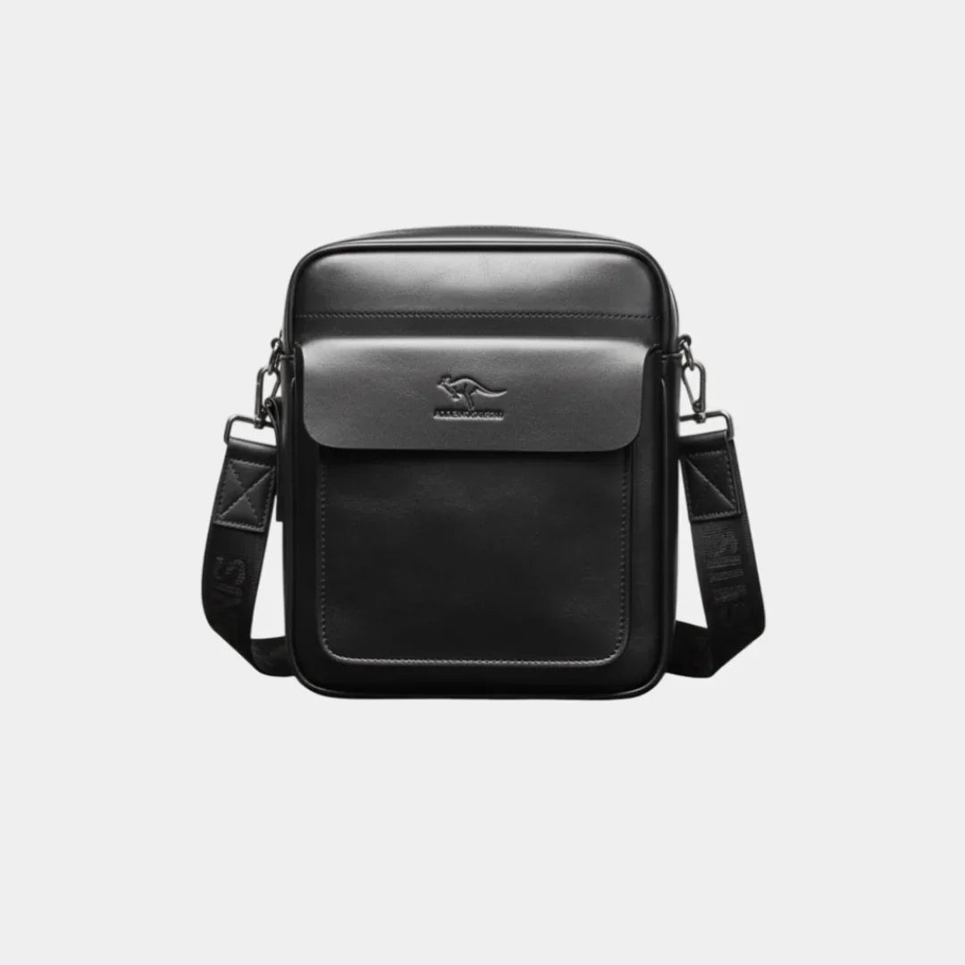 Black leather shoulder bag with flap, top handle, and adjustable crossbody strap