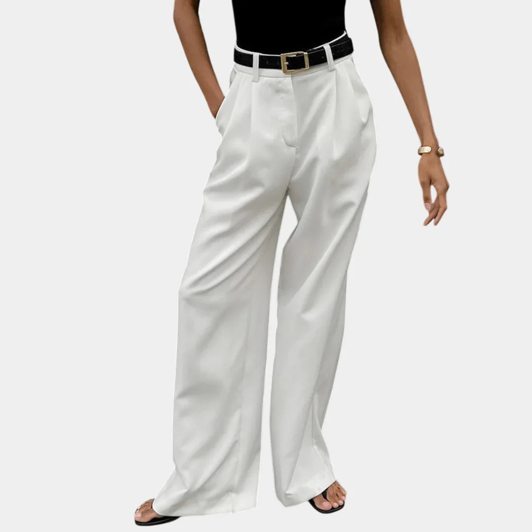 White solid wide-leg pants with high waist, pleats, and belt loops