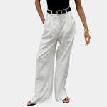 White solid wide-leg pants with high waist, pleats, and belt loops