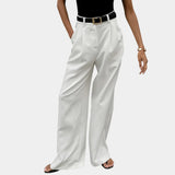 White solid wide-leg pants with high waist, pleats, and belt loops