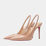 Matte beige pointed-toe slingback heels with red sole edge and high stiletto heel