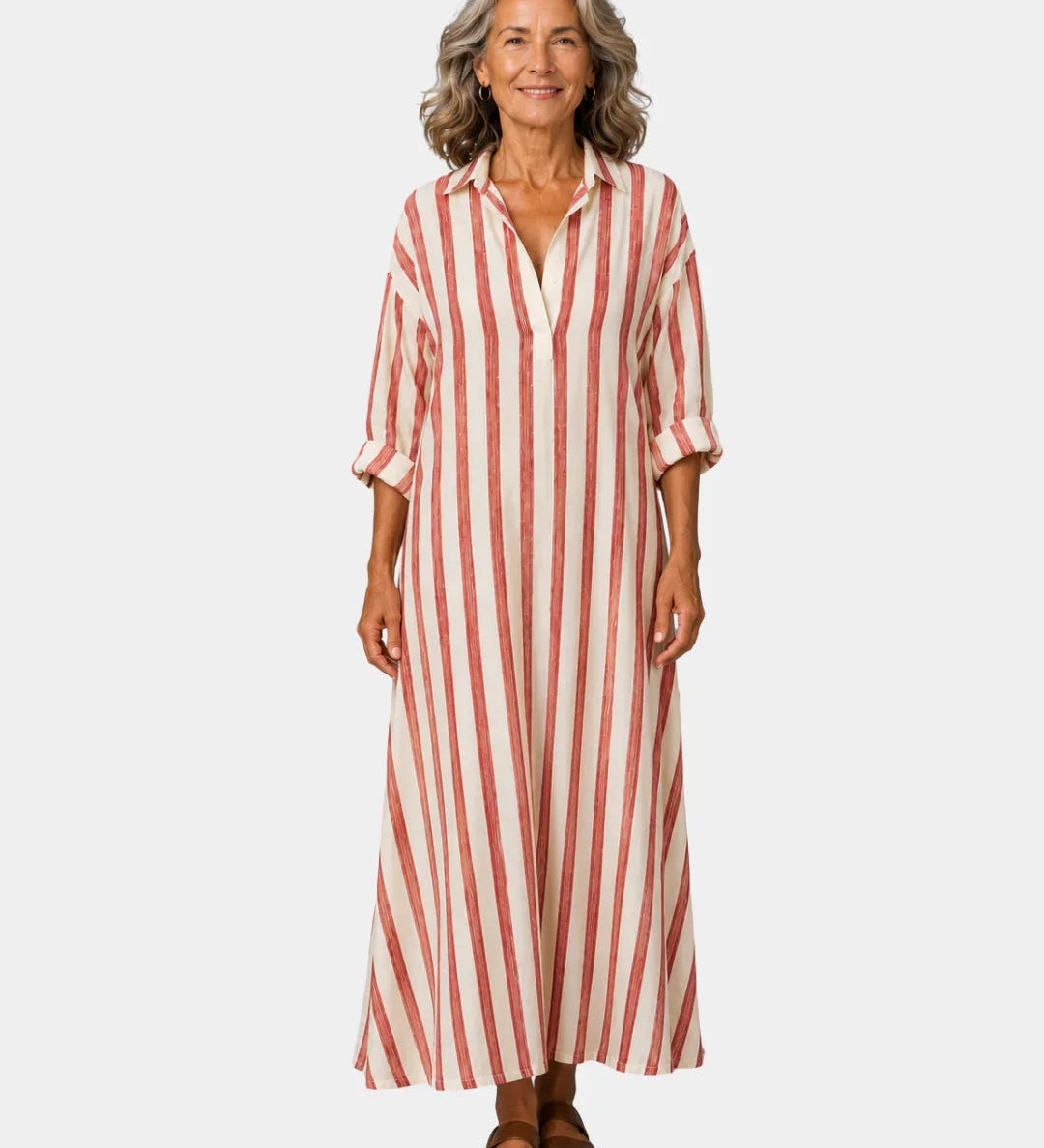 Red and white vertical striped maxi shirt dress with collar and buttons