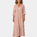 Red and white vertical striped maxi shirt dress with collar and buttons