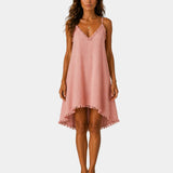 Pink short fluid slip dress with lace-trim V neckline and scalloped hem