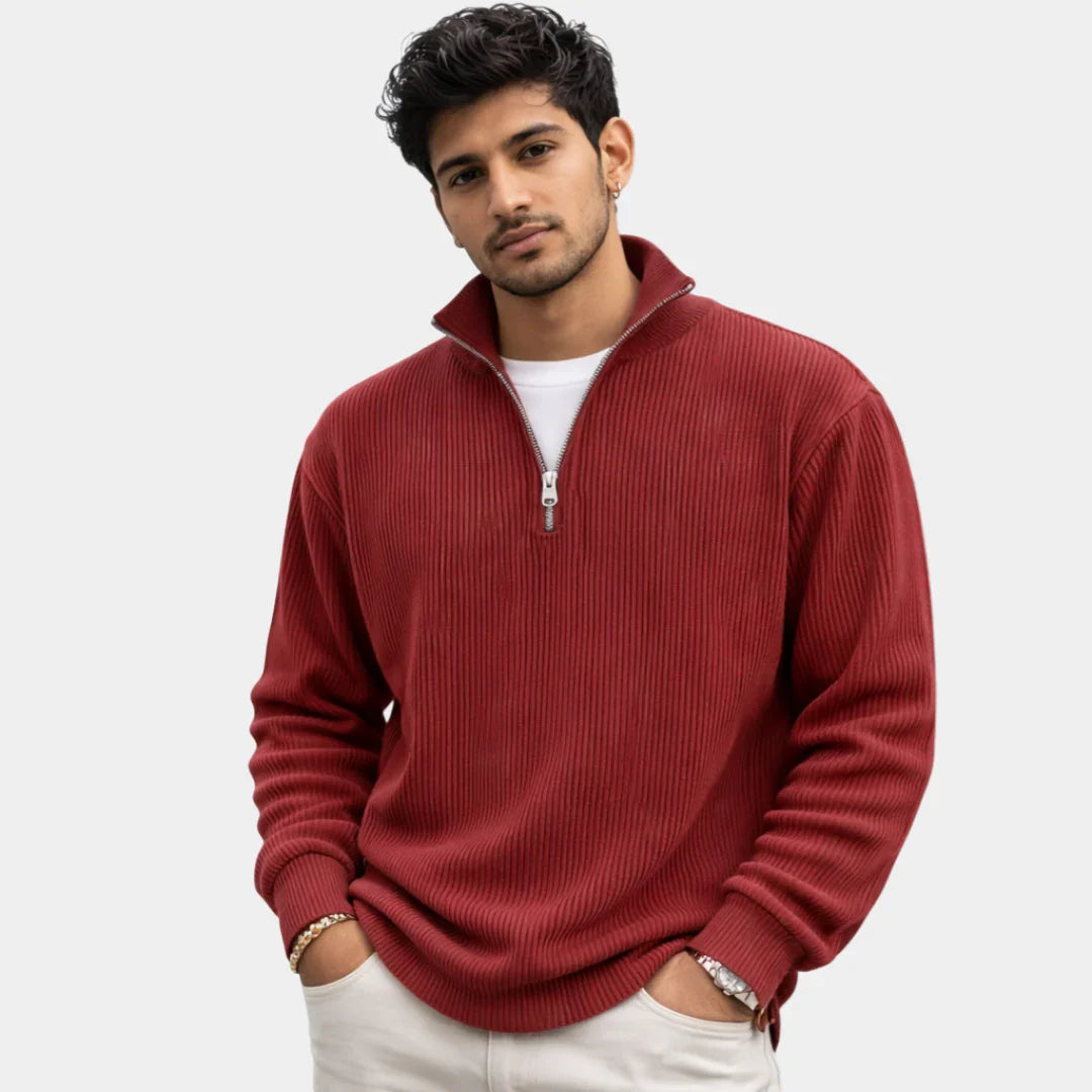 Red ribbed quarter-zip sweater with long sleeves and metal zip placket
