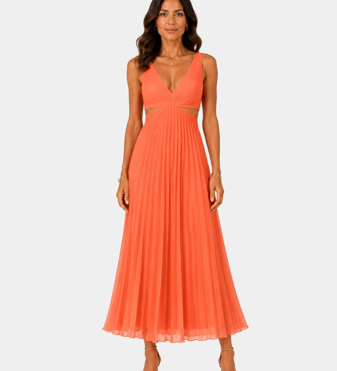 Coral sleeveless V-neck long dress with pleated skirt and fitted waist seam