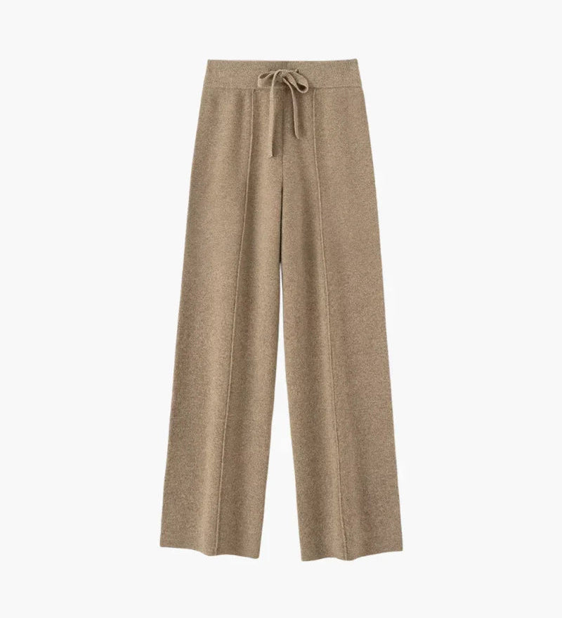 Pure merino wool trousers in taupe with drawstring waist and relaxed wide-leg fit