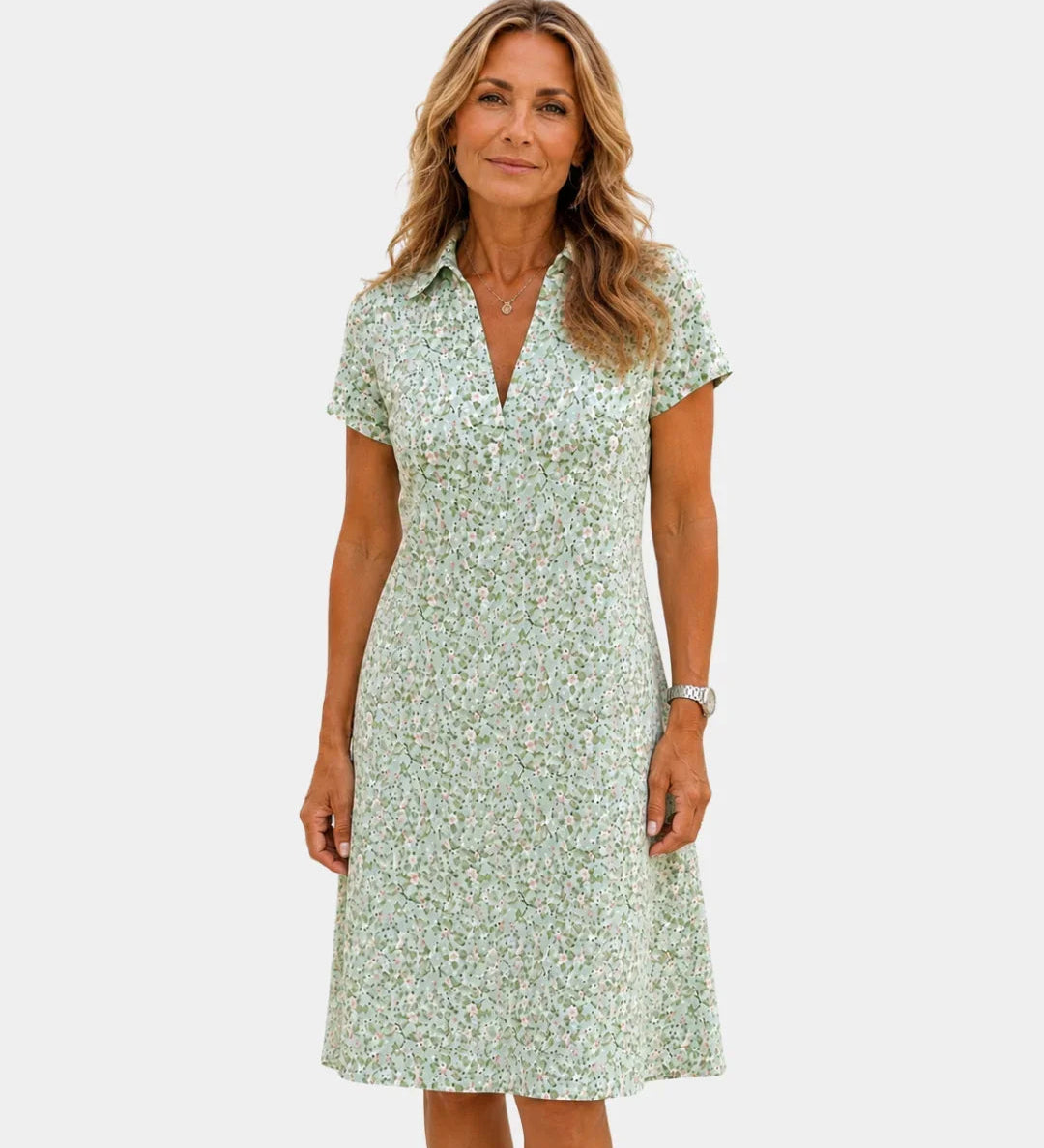 Green floral casual dress, short sleeves and V-neck with button front