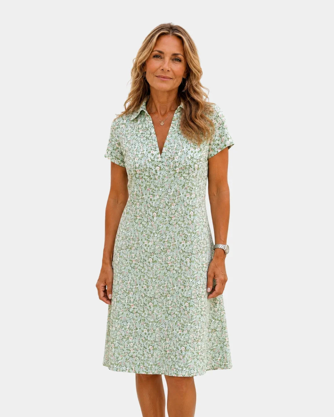 Green floral casual dress, short sleeves and V-neck with button front