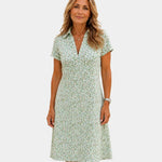 Green floral casual dress, short sleeves and V-neck with button front
