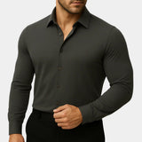 Men's gray stretch dress shirt with button-front and spread collar, long sleeves.
