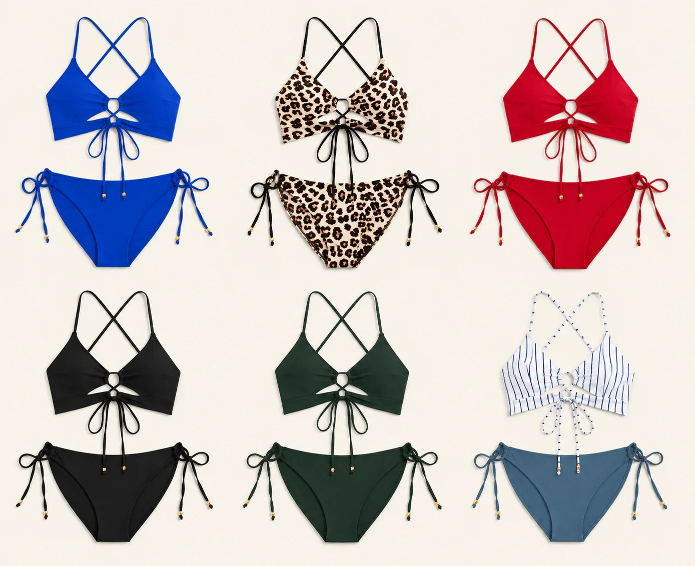 Cassis swimsuit color options collage: blue, leopard, red, black, green, and striped sets
