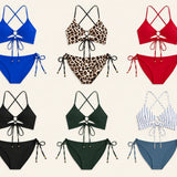Cassis swimsuit color options collage: blue, leopard, red, black, green, and striped sets