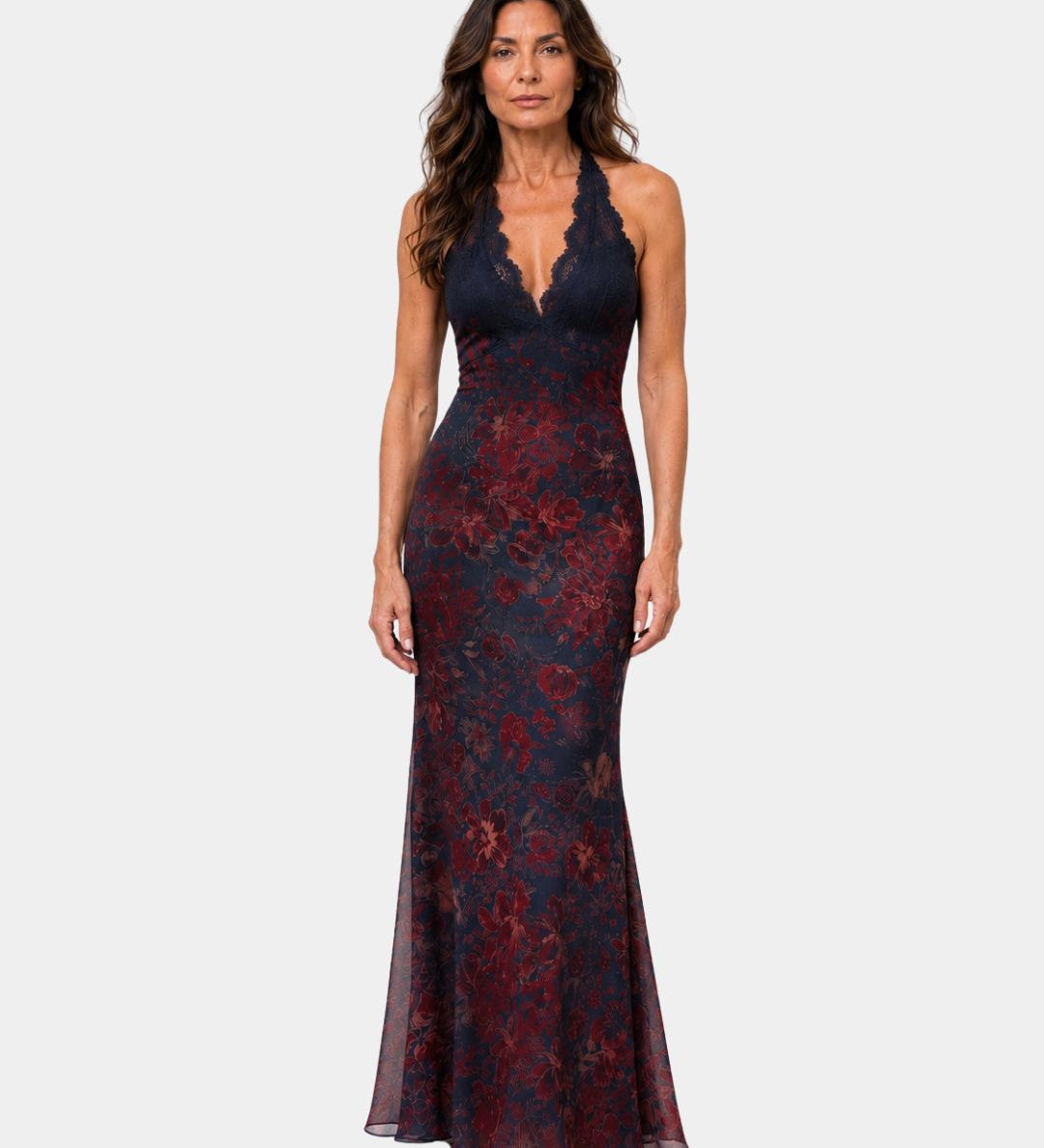 Floral maxi dress with scalloped V-neck, sleeveless fitted bodice, navy and red print