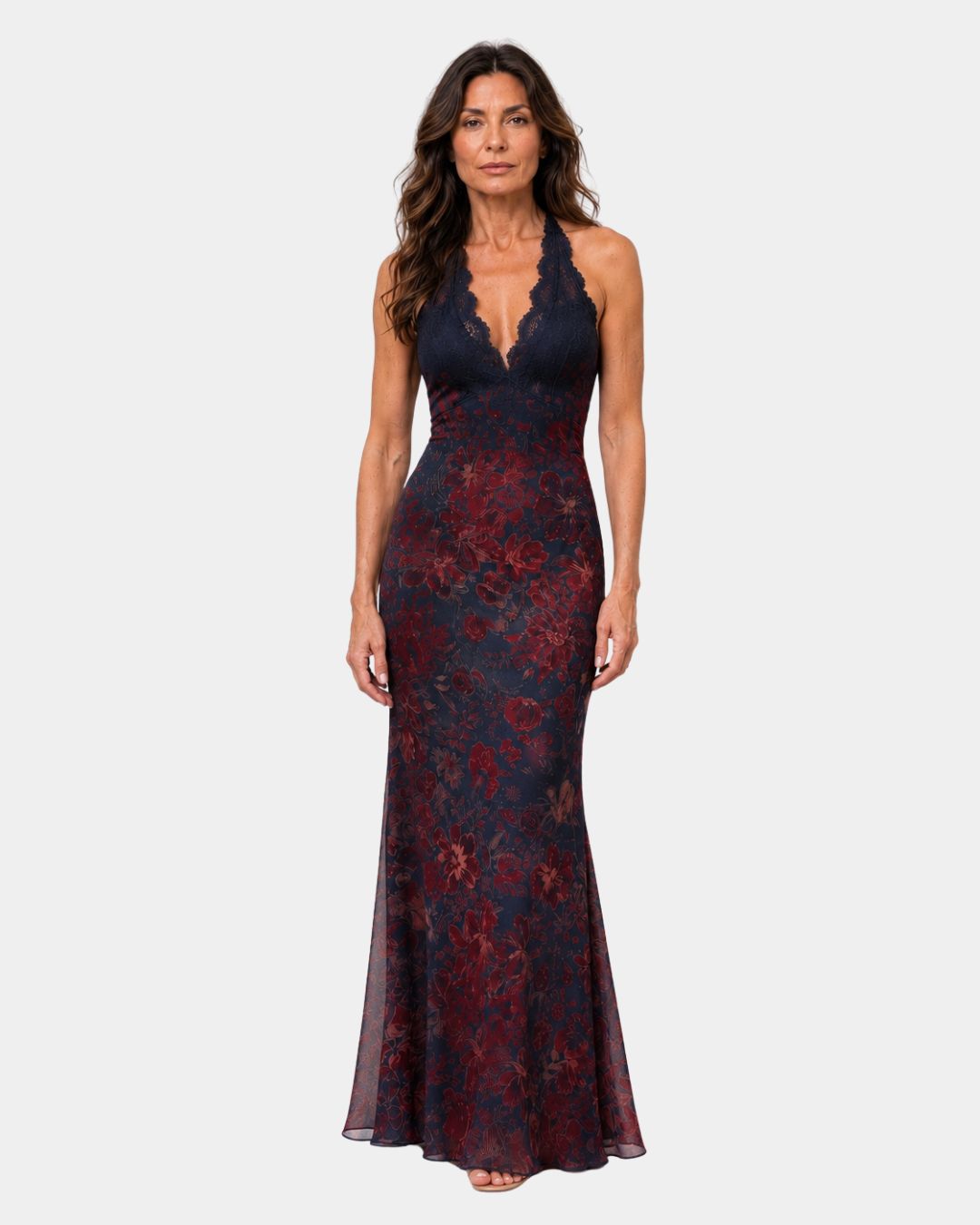 Floral maxi dress with scalloped V-neck, sleeveless fitted bodice, navy and red print