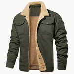 Dark green bomber jacket with tan sherpa lining, button front and flap chest pockets