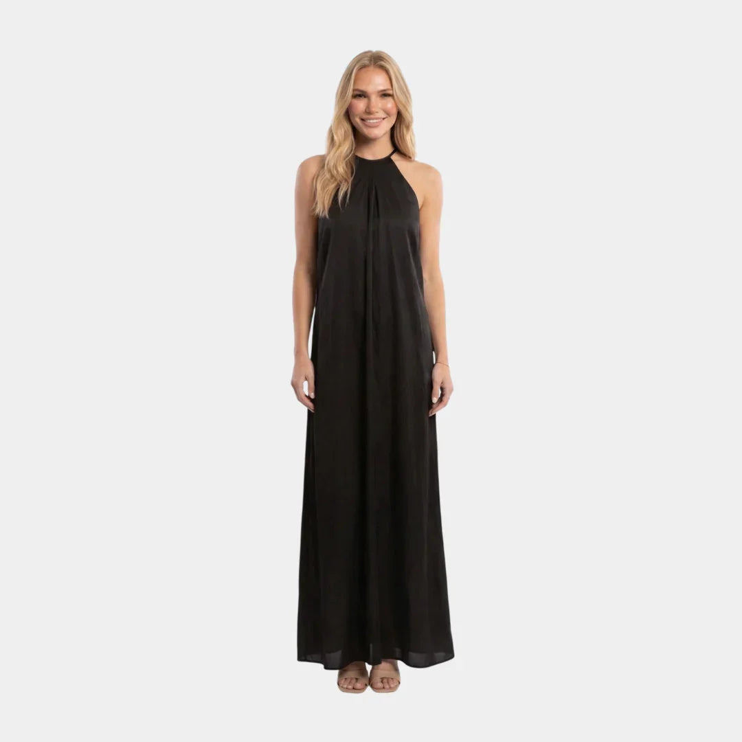 Black sleeveless halter maxi dress with draped front