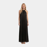 Black sleeveless halter maxi dress with draped front