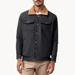 Mens black bomber jacket with tan sherpa collar, button-up front and chest pockets
