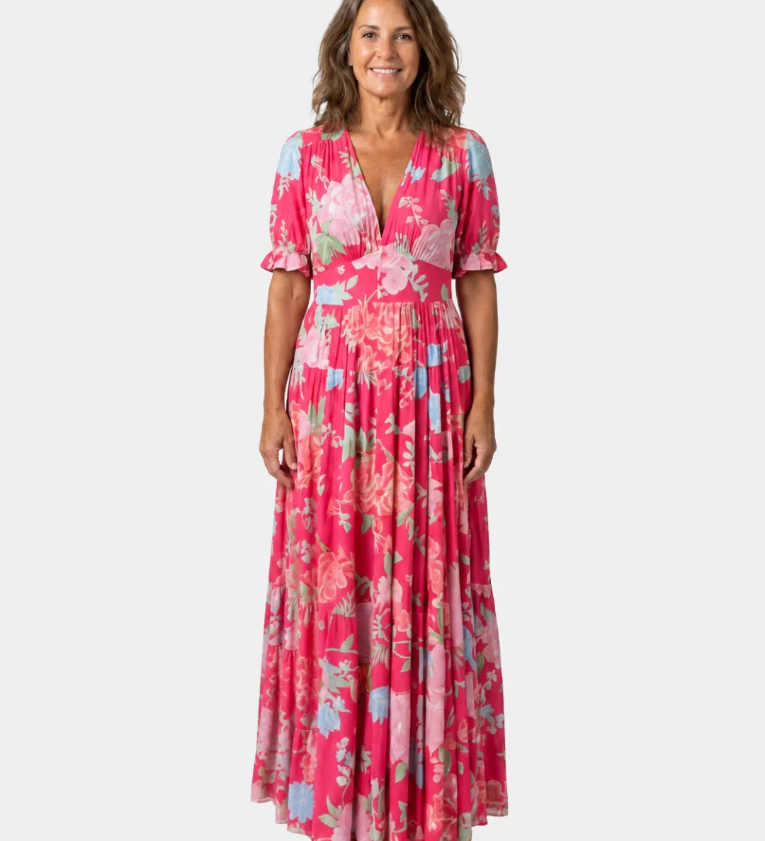 Pink long floral dress with V-neck, short puff sleeves, tiered maxi skirt