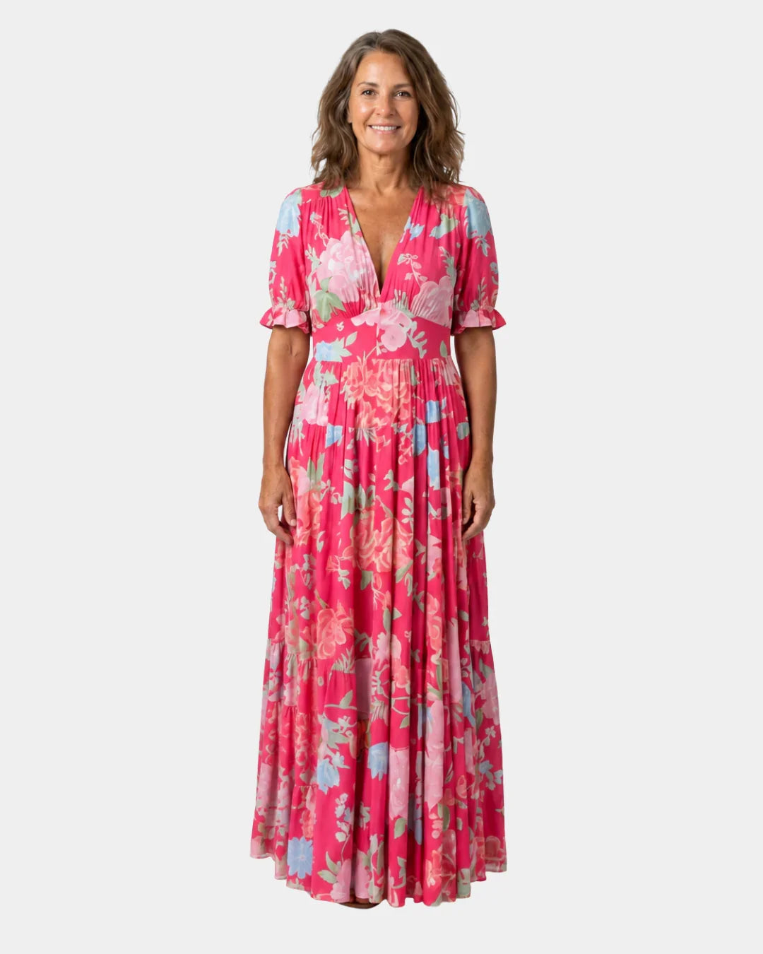 Pink long floral dress with V-neck, short puff sleeves, tiered maxi skirt