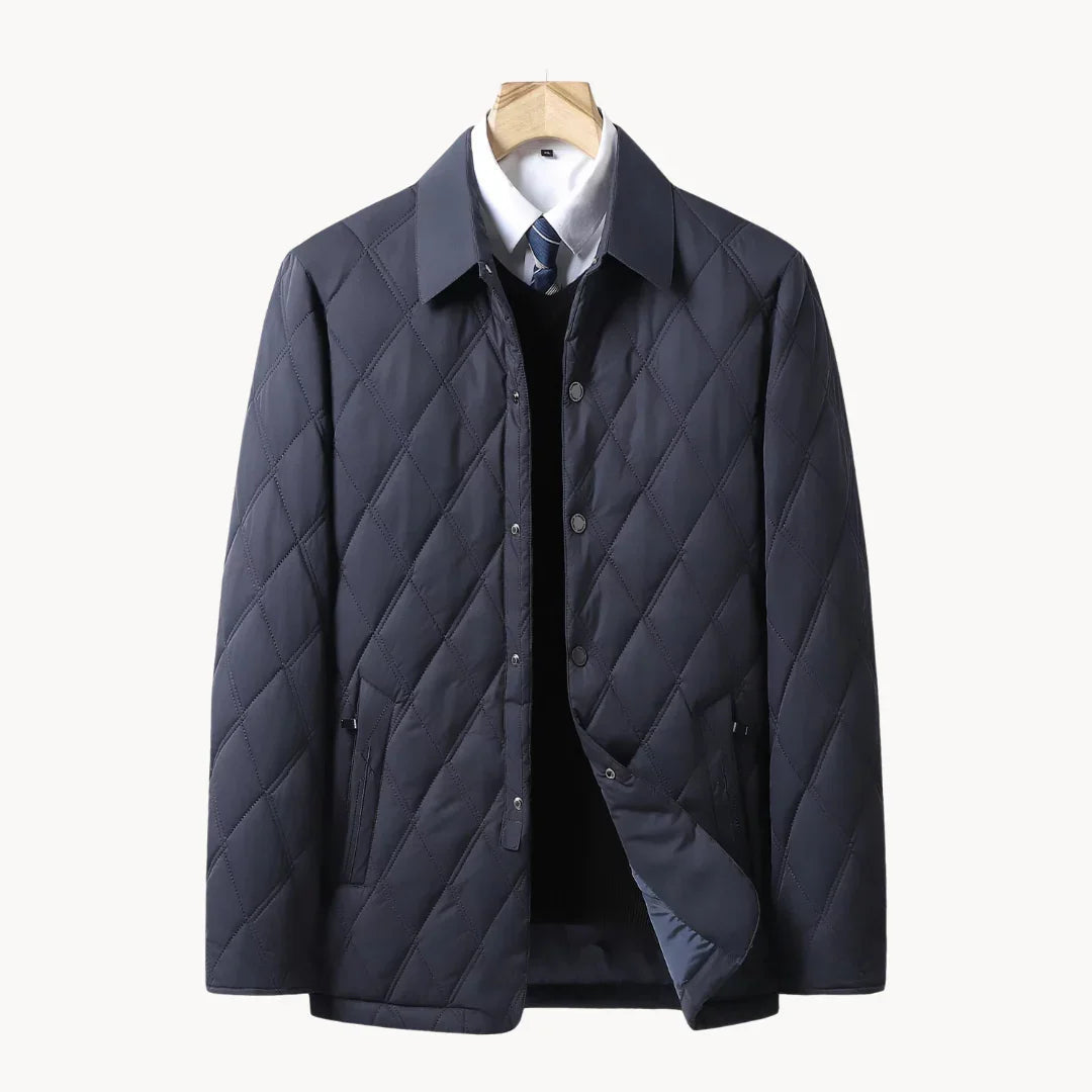 Navy quilted coat with button front and contrast inner lining