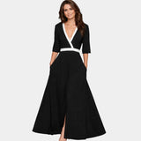 Maxi dress with V-neck and white trim, waist band, and 3/4 sleeves
