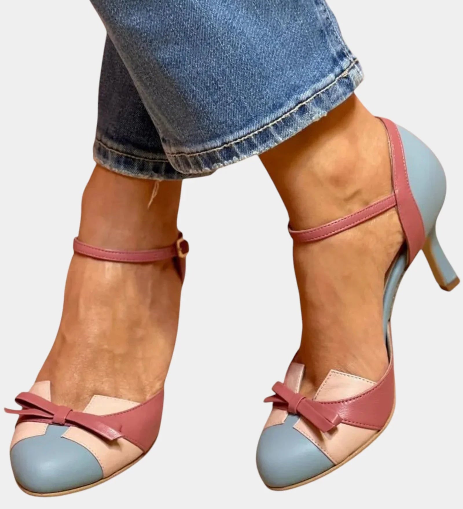 Vintage orthopedic high-heel shoes, pink strap with light blue toe and block heel
