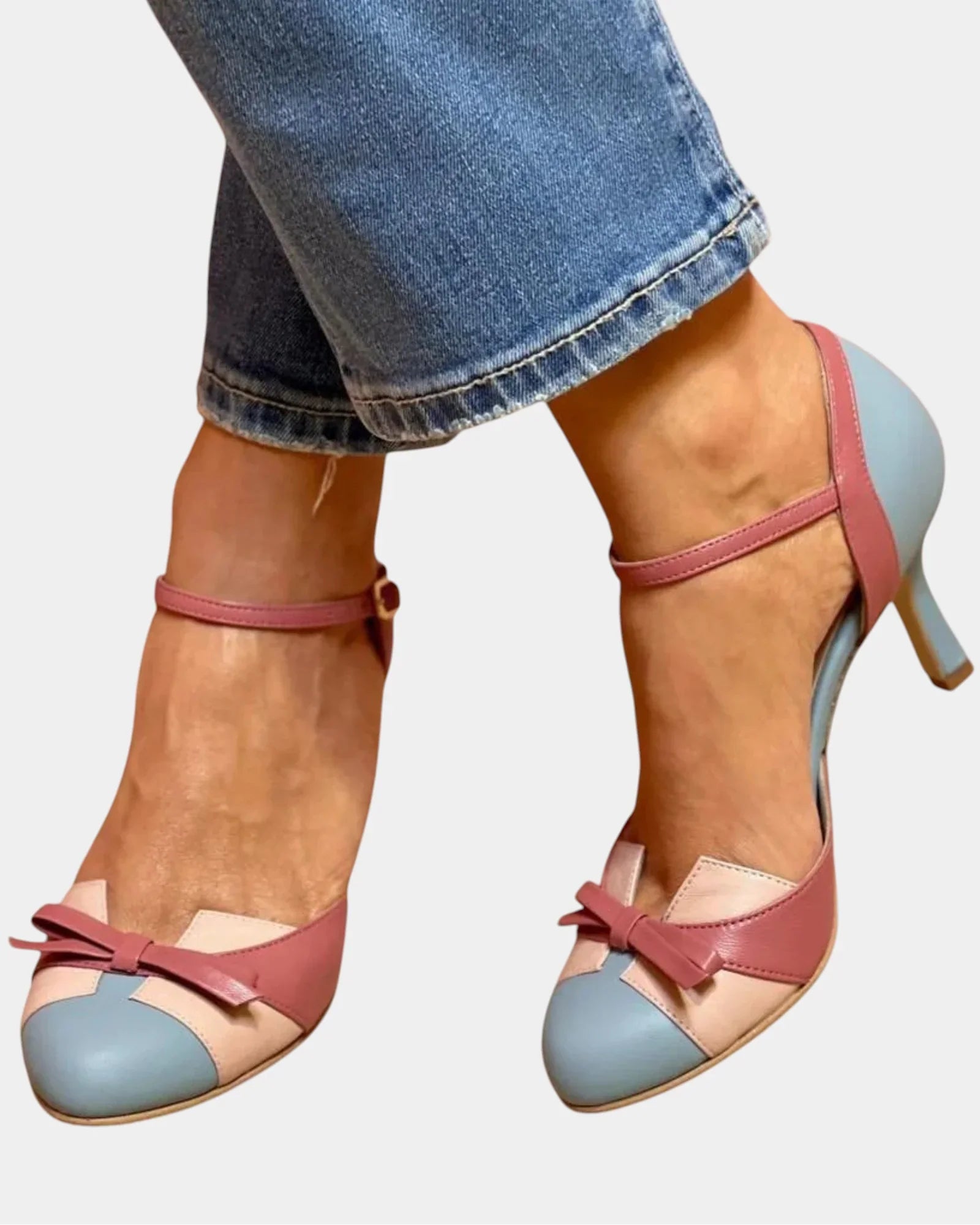 Vintage orthopedic high-heel shoes, pink strap with light blue toe and block heel