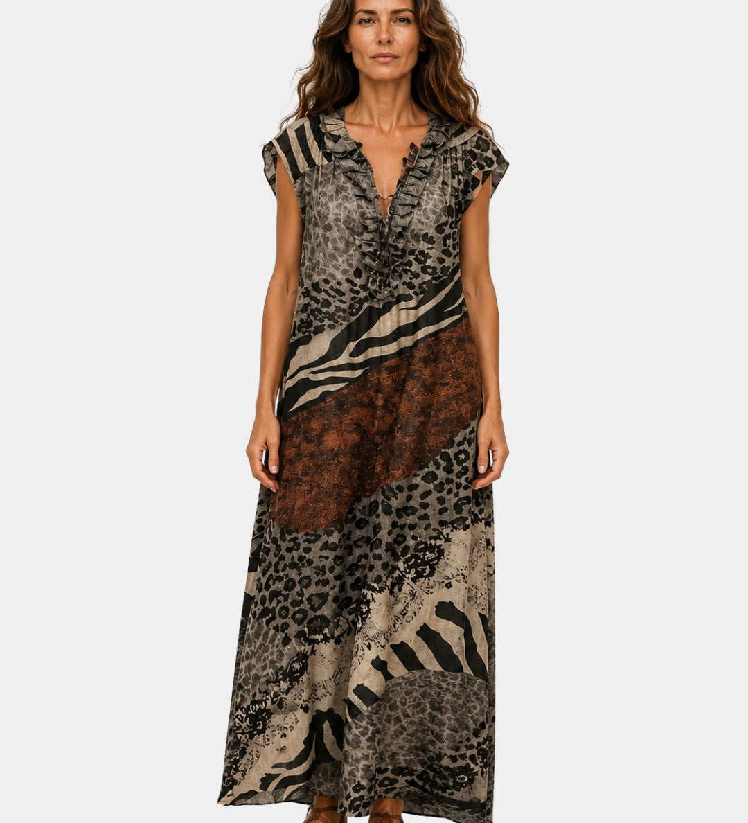 Sleeveless lightweight long dress with patchwork animal print, V-neck, button-front