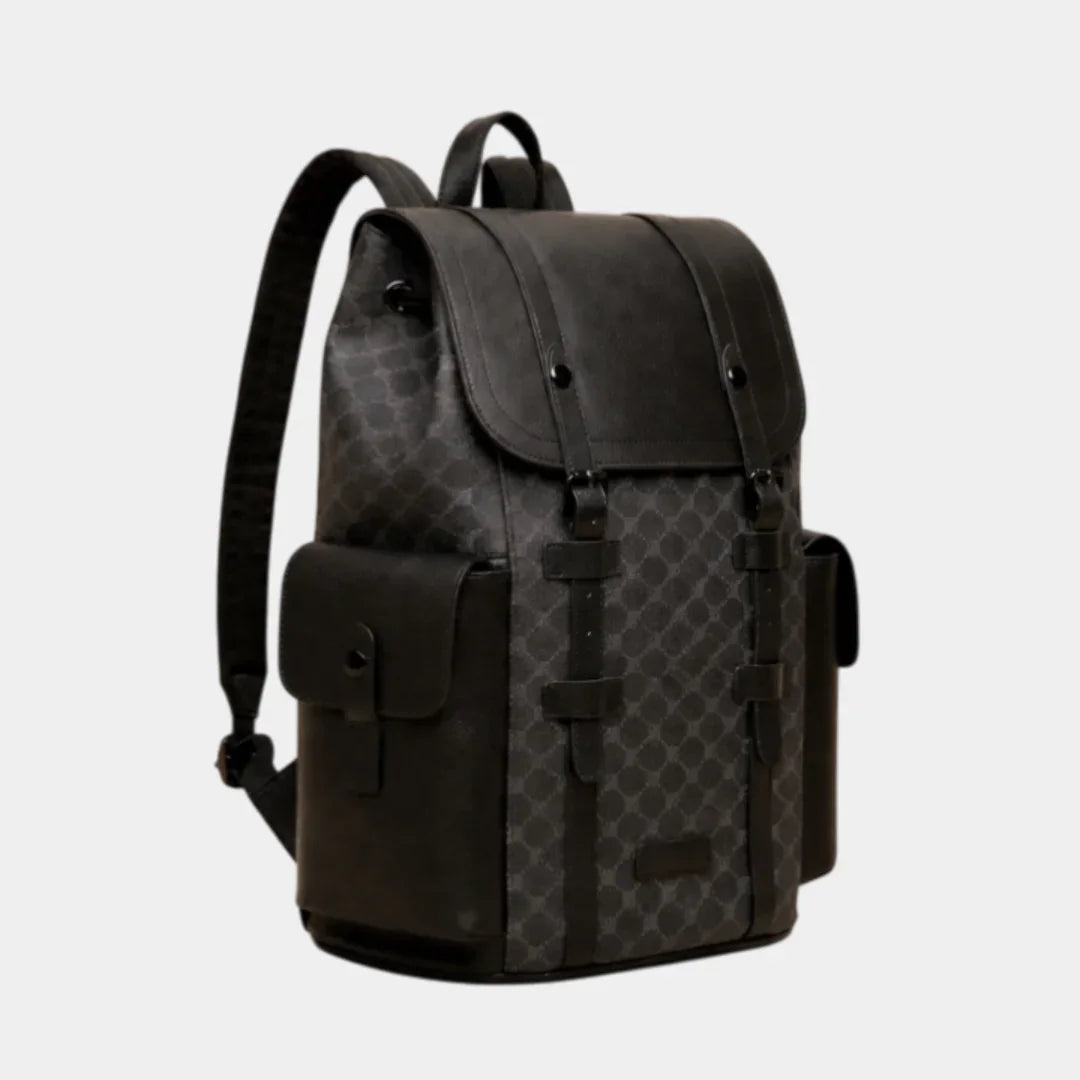Dark leather backpack with curved flap, adjustable shoulder strap, and front buckle details