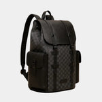 Dark leather backpack with curved flap, adjustable shoulder strap, and front buckle details
