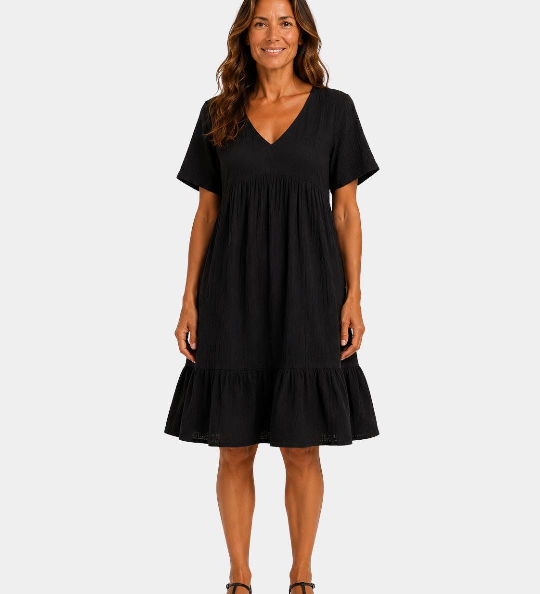 Black textured V-neck midi dress with short sleeves and tiered skirt
