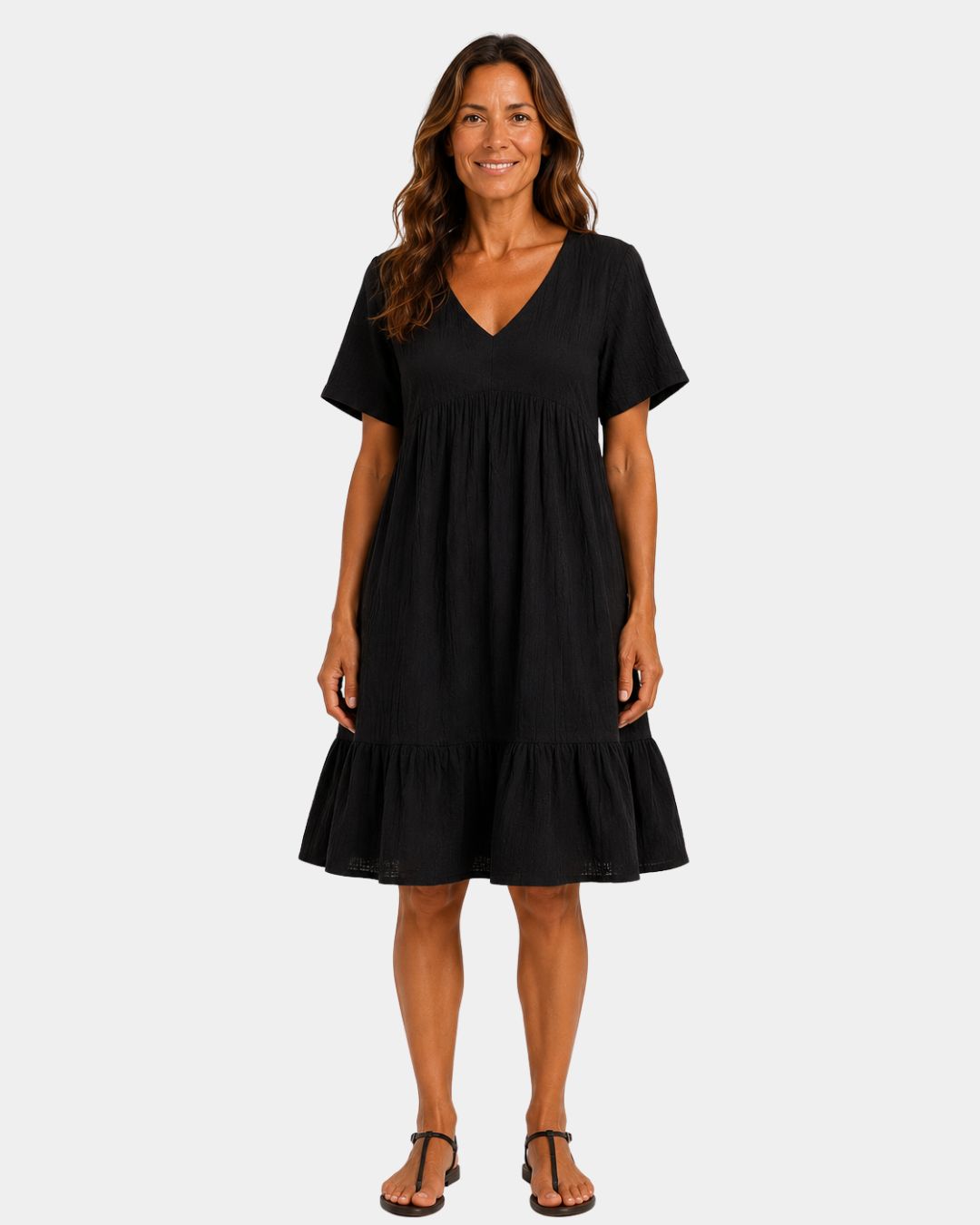 Black textured V-neck midi dress with short sleeves and tiered skirt