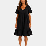 Black textured V-neck midi dress with short sleeves and tiered skirt