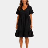 Black textured V-neck midi dress with short sleeves and tiered skirt