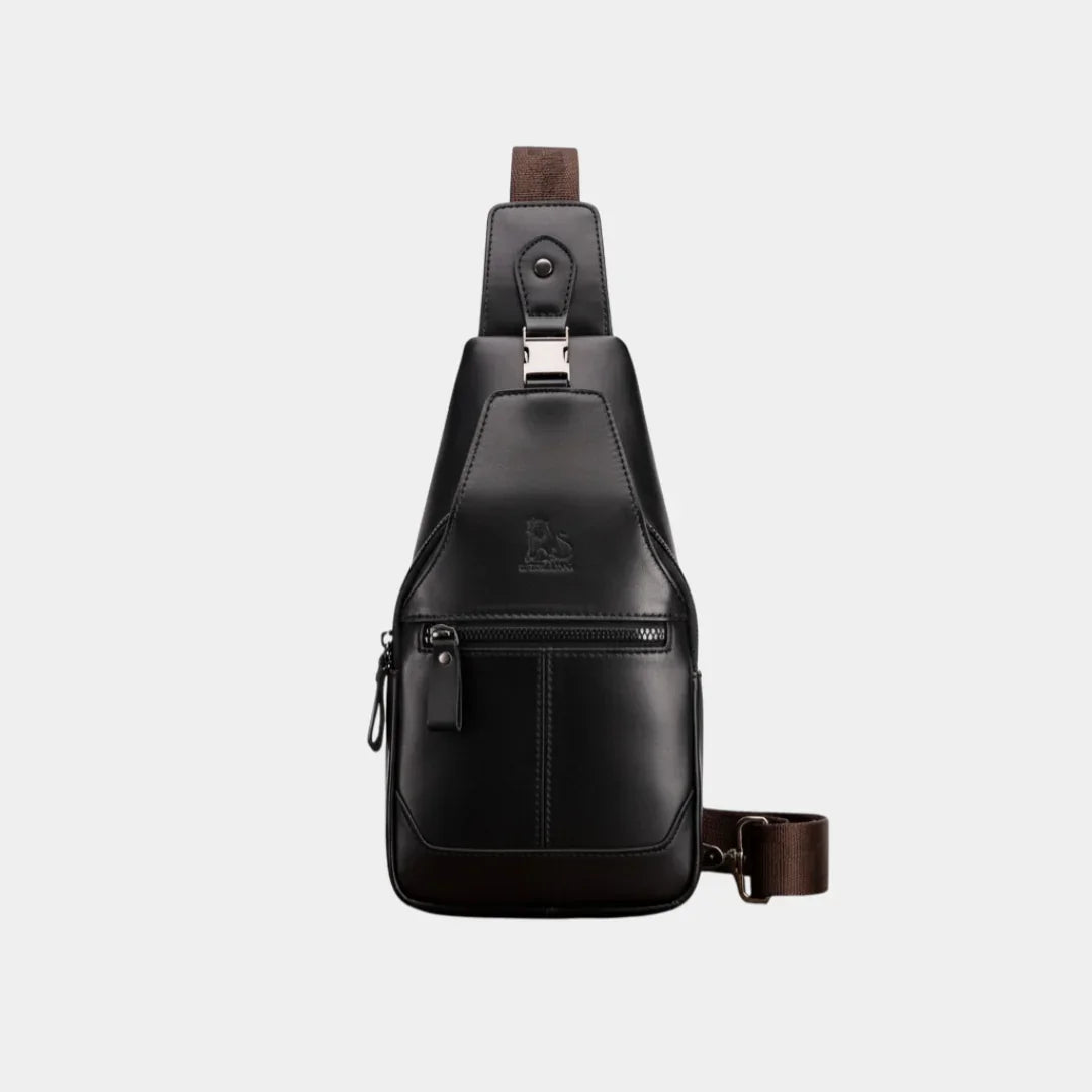 Black leather chest bag with front zip pocket and adjustable shoulder strap