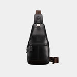 Black leather chest bag with front zip pocket and adjustable shoulder strap