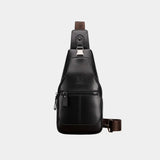 Black leather chest bag with front zip pocket and adjustable shoulder strap