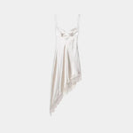 Women's white satin slip dress, lace hem and asymmetric draped back