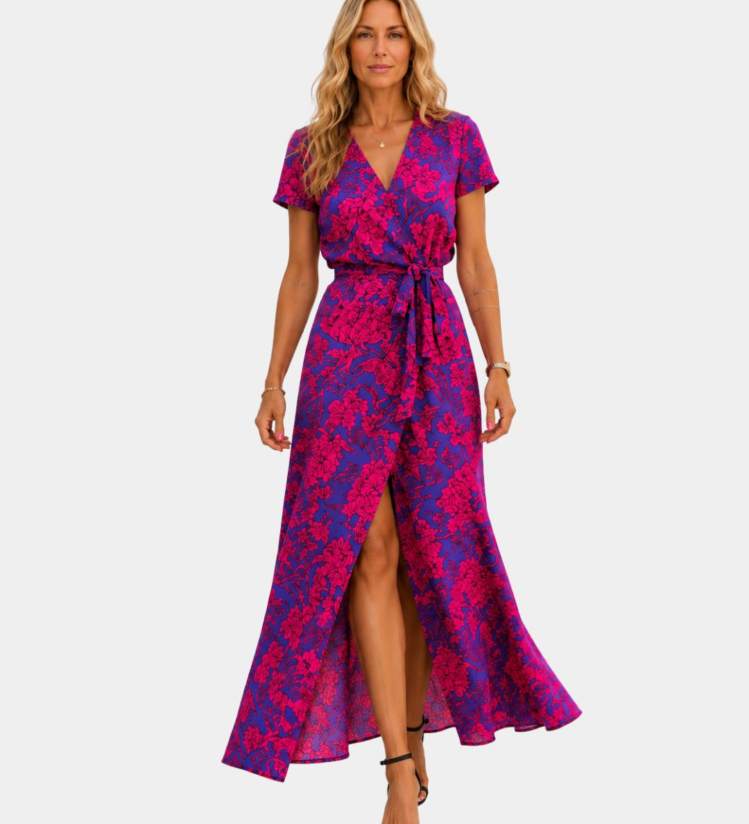 Women's wrap V-neck midi dress, short sleeves, magenta floral print, front slit