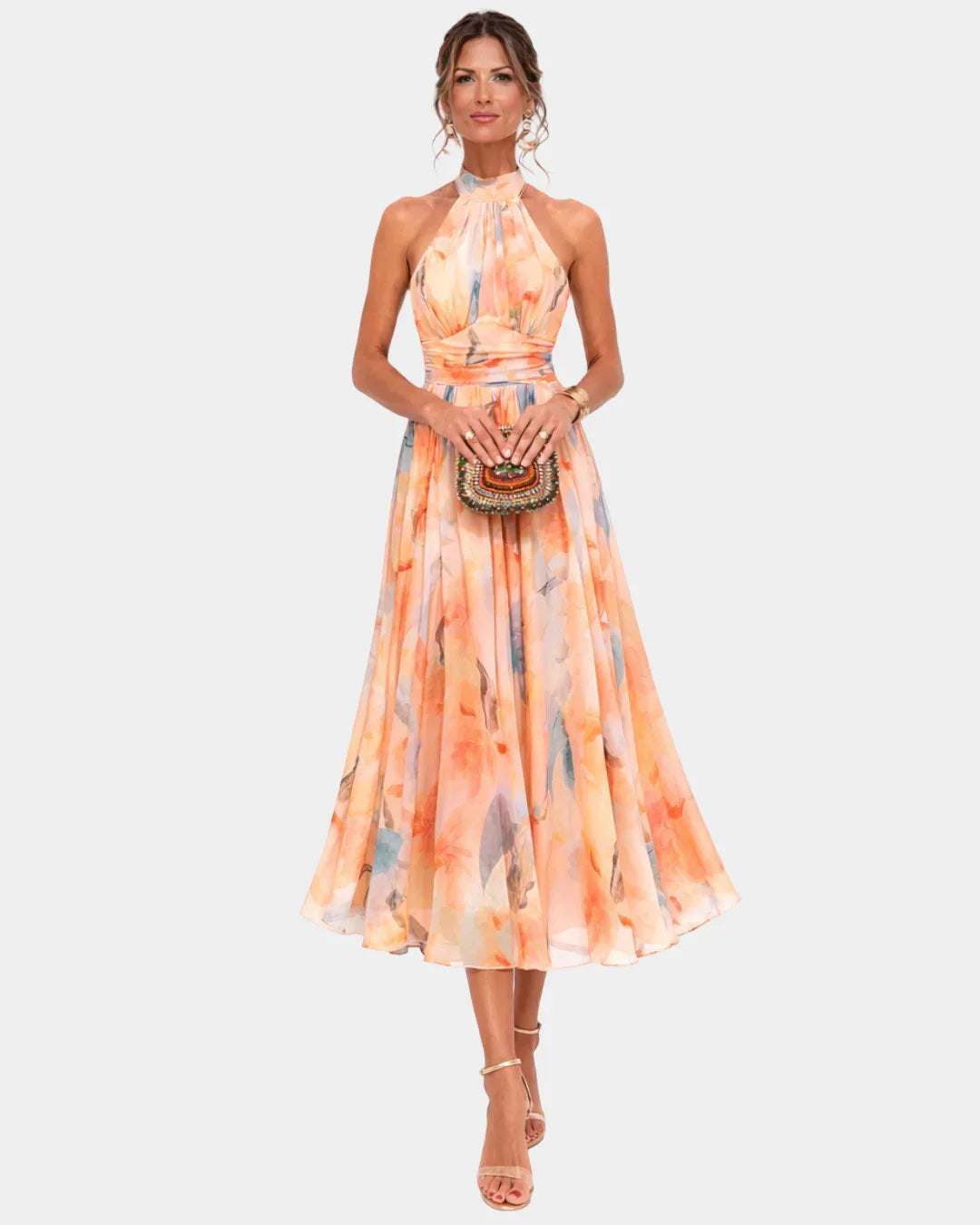 Halter neck watercolor print midi dress, peach and light blue, fitted waist, flared skirt